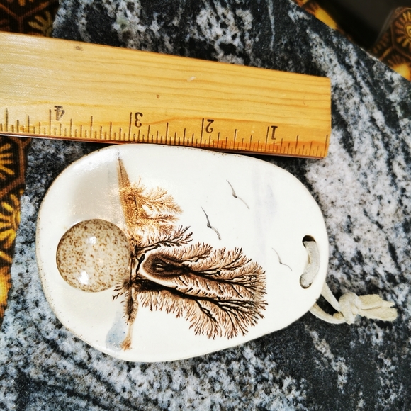 Vintage Irregular Oval Art Pottery Wall Hook with Trees and Birds in Flight - Picture 11 of 13